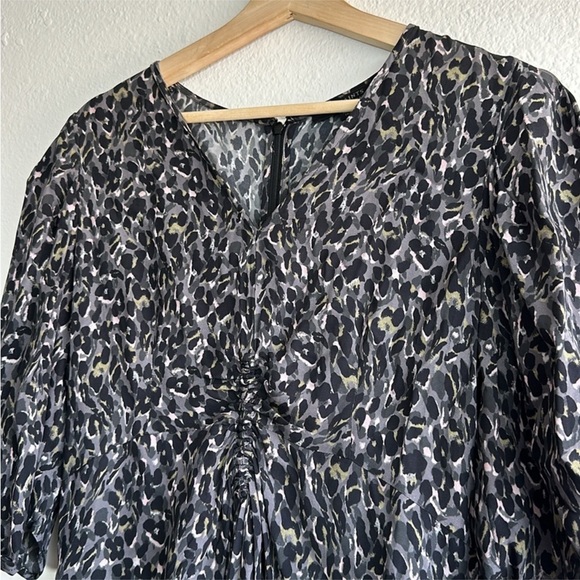 ALLSAINTS Josephine Waterleo Short Sleeve Ruched Leopard Print Mini Dress - Picture 7 of 12